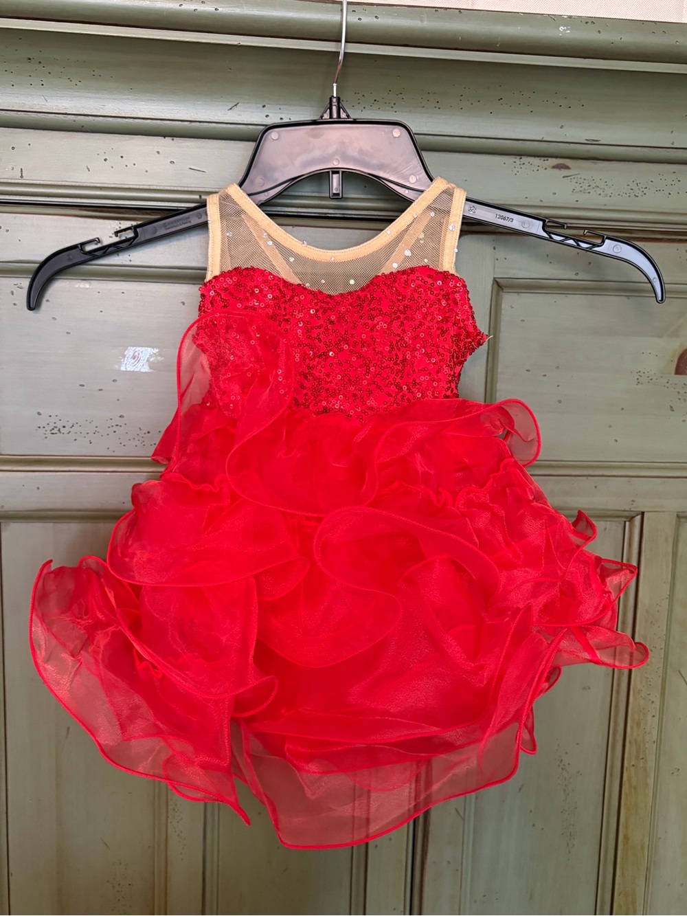 Art Stone Sparkling Red Ruffle Dance Costume with Sheer Neck